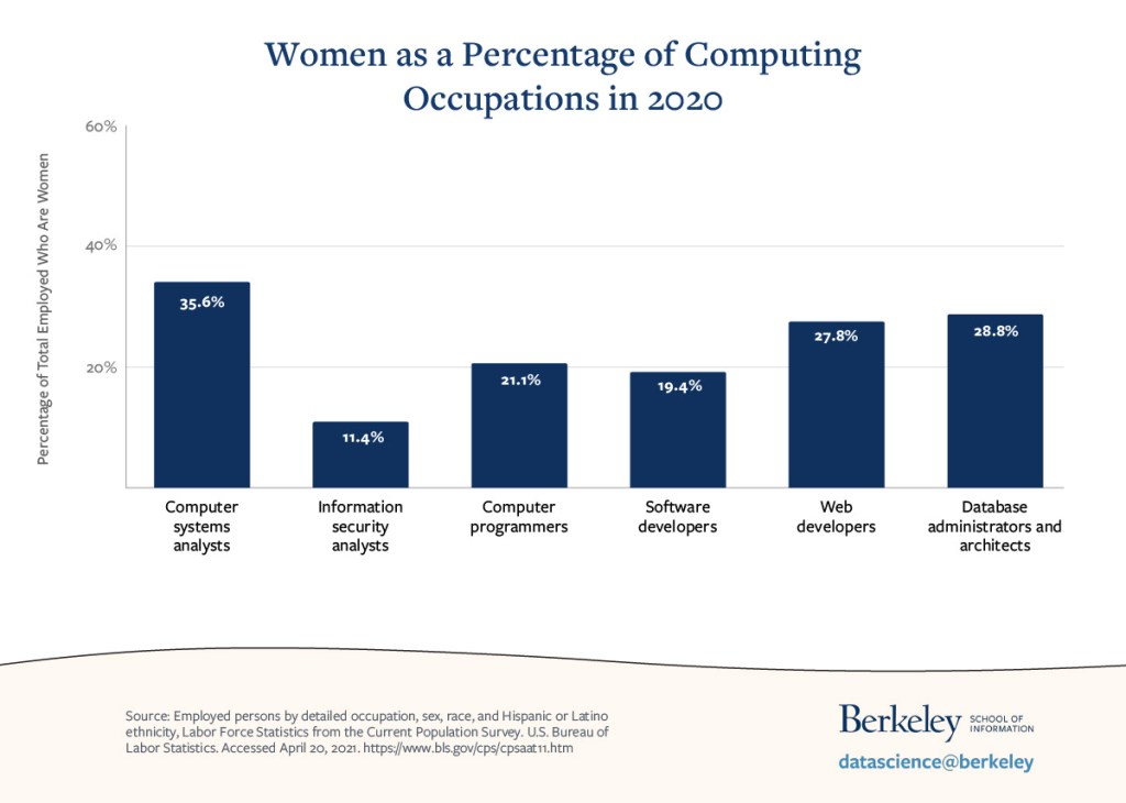 bar chart of percentage of employed computer science professionals who are female, by career